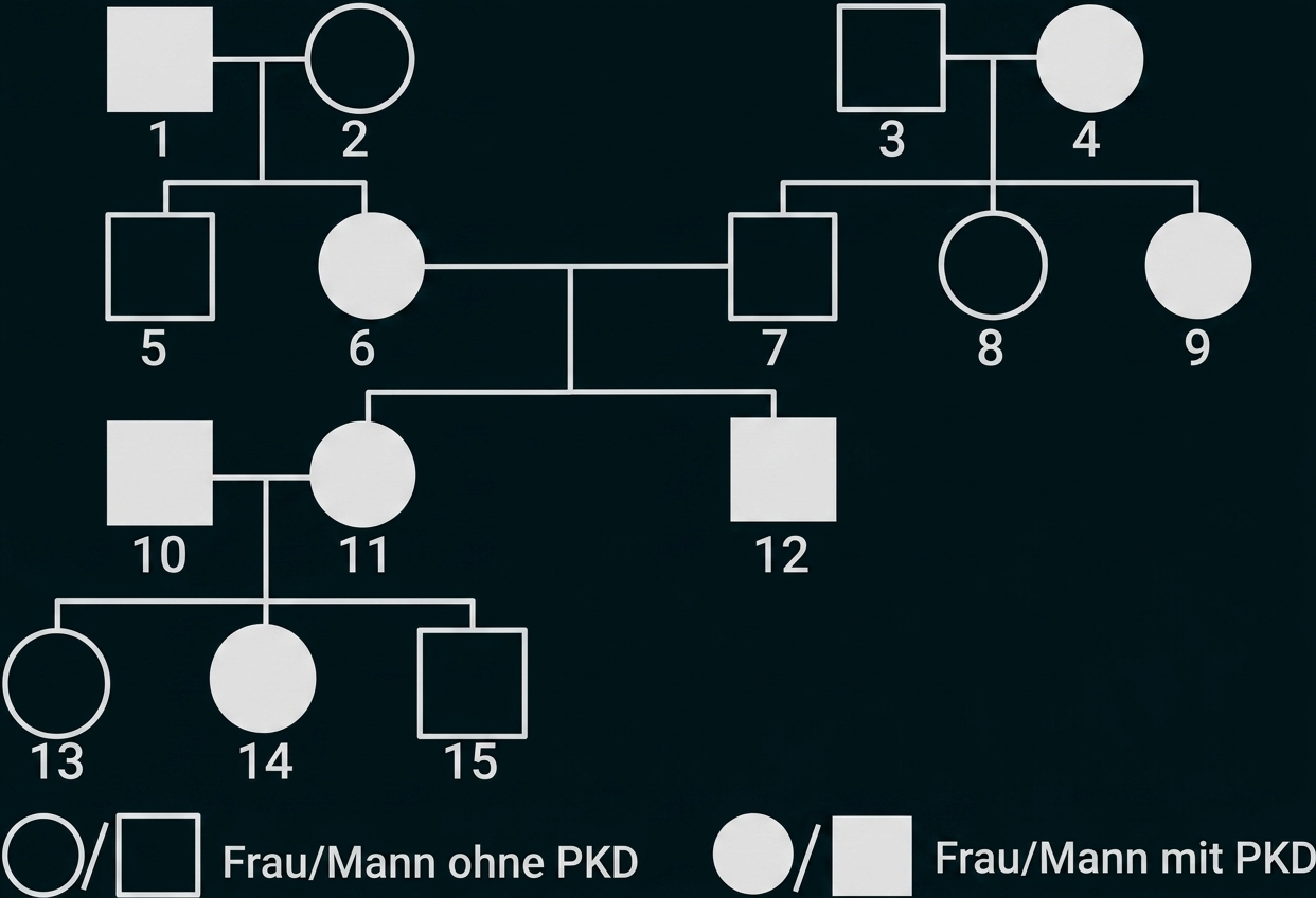 Stammbaum mit Kreisen und Quadraten; schwarze Symbole markieren Personen mit PKD.
